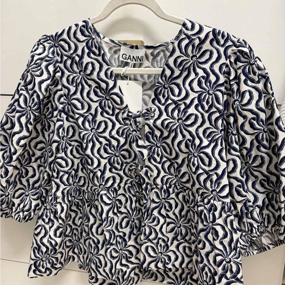 Ganni Navy and White Floral Blouse